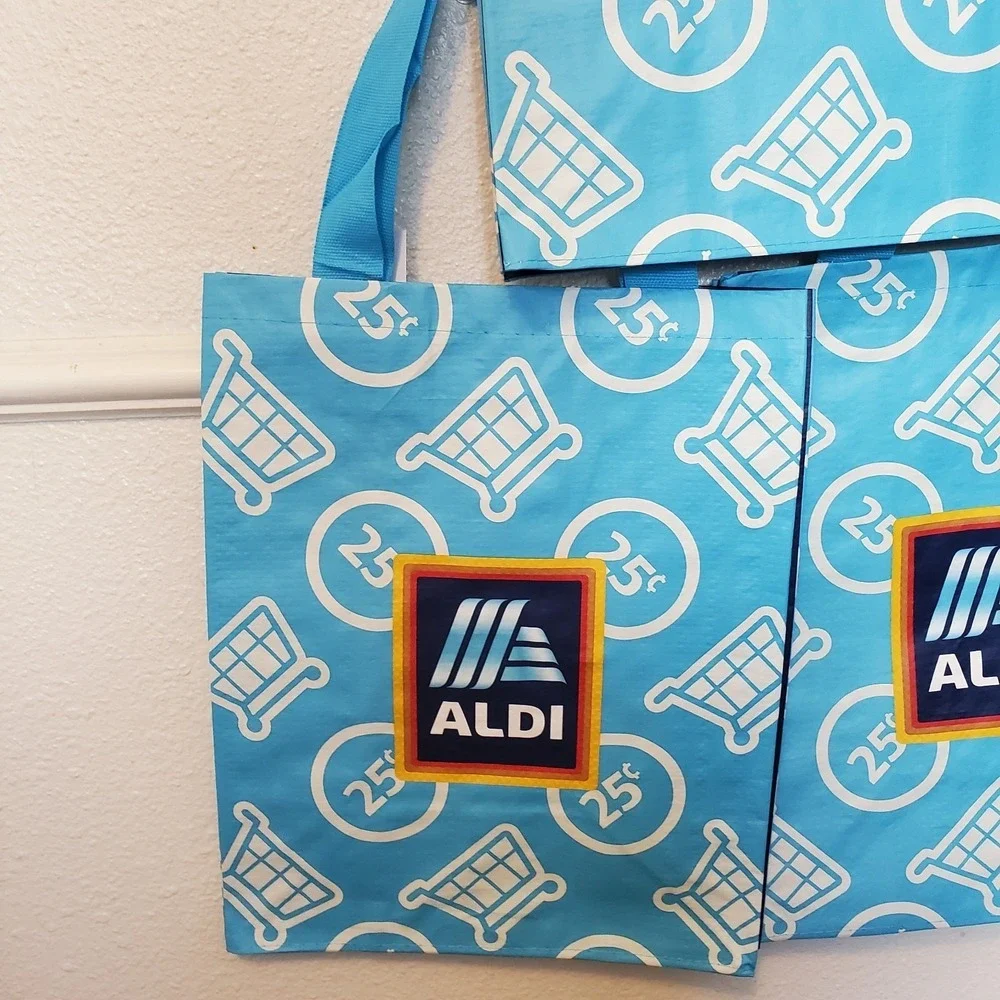 Aldi Reusable Grocery Shopping Bag Set of 4 Blue 25 Cent Cart Logo Totes NEW